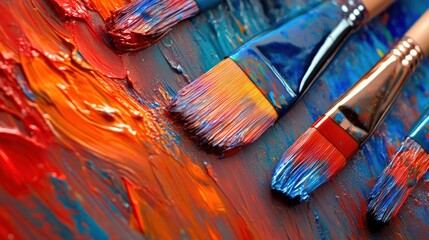 Fototapeta premium Close-up view of paintbrushes atop colorful, textured strokes, highlighting creative process