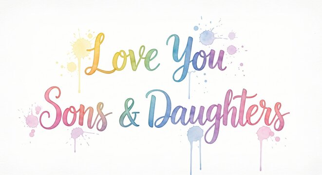 Illustration of colorful love you sons and daughters text with rainbow paint splatters on white background