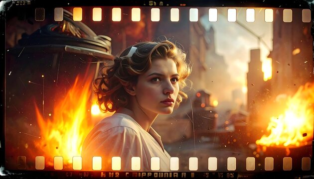 A woman standing amidst a fiery, war-torn street scene