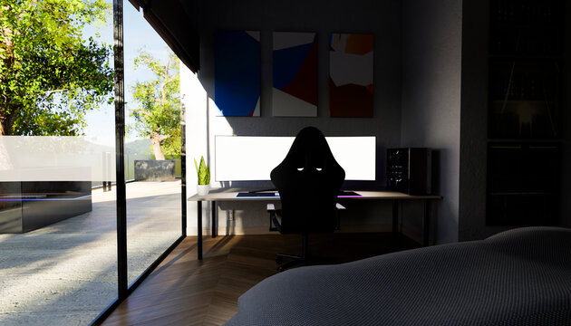 Modern minimalist home office desk with computer and blank monitor