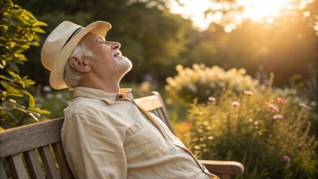 Senior man garden bench sunset relaxation hat elderly male resting wooden bench sunny garden golden hour, peaceful serene moment with warm light