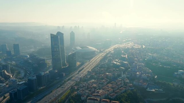 Istanbul, Turkey. Skyscrapers in Istanbul. District Huzur. Summer morning. Backlight. Drone footage