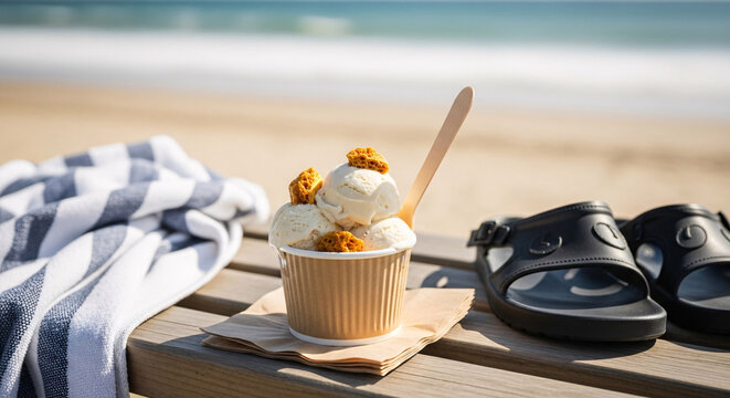 Hokey pokey style ice cream in a takeaway cup on a beachside table beside sandals and a towel