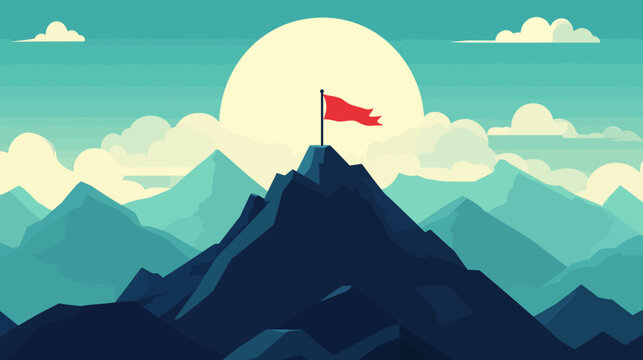 A stylized illustration features a mountain peak with a red flag, sun, clouds, and layered mountains