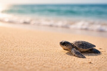 Obraz premium Tiny sea turtle crawls on sandy beach towards the ocean waves at sunrise