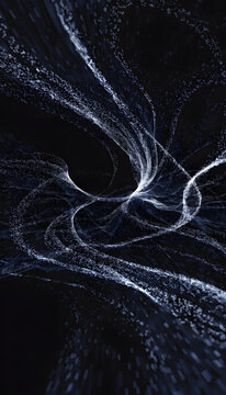 An abstract dark background featuring a digital fractal pattern of light swirls, purple waves, and energy lines in a motion-filled fantasy curve design