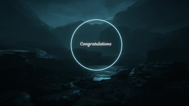 Neon congratulations circle over dark moody landscape with glowing ring and cinematic atmosphere