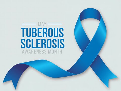 May tuberous sclerosis awareness month banner with blue ribbon symbol for medical health campaign