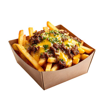 Cheesy beef poutine with fresh parsley topping. PNG isolated transparent background
