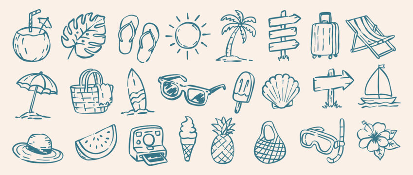 summer beach hand drawn doodle element set. line art illustration of vacation and travel icons in monochrome blue style. seasonal clipart design for holiday and tourism projects
