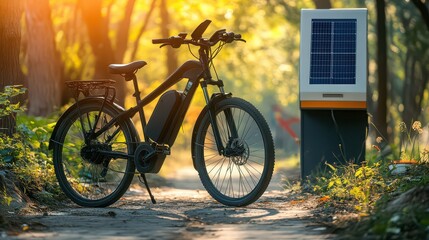 Fototapeta premium An electric bicycle is parked next to a solar powered charging station on a forest path during sunset