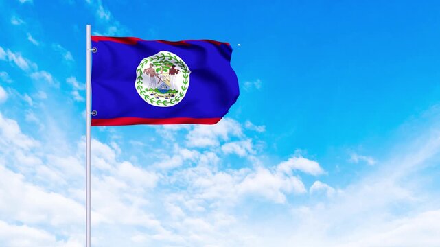 Flag of Belize Waving in the wind, blue sky with clouds Background, Slow Motion, Realistic Animation, 4K