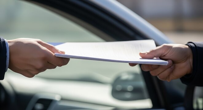 Traffic police checking documents during vehicle inspection, drivers exchanging paperwork in car setting. Traffic police oversee compliance while ensuring safety on roads.