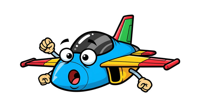 Ilustrasi pesawat kartun lucu tampak depan dengan mata besar dan ekspresi terkejut, warna cerah merah biru, detail halus di latar putih, cocok untuk desain anak.