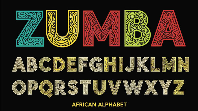 Colorful representation of the african alphabet with the word zumba highlighted at the top Vector