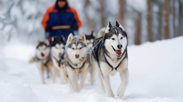 Sled dogs pulling musher through snowy forest trail in winter conditions.
