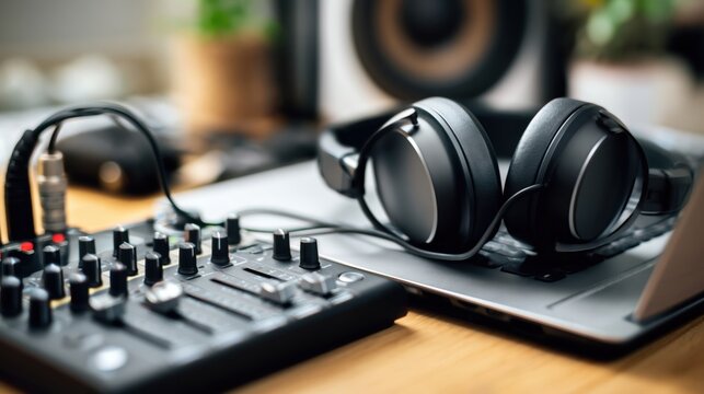 Headphones on laptop beside audio mixer in modern home studio workspace.