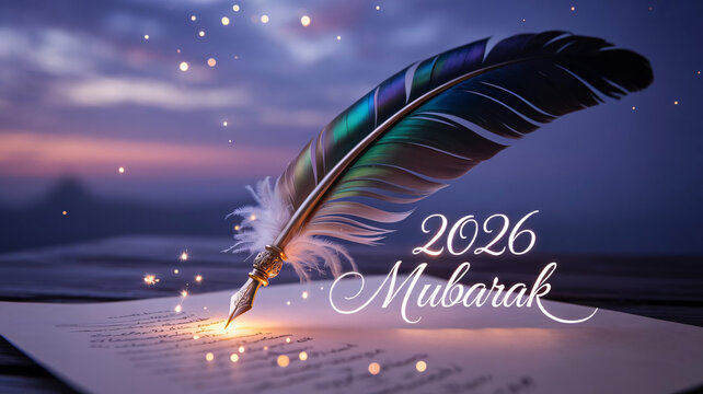 Quill pen gracefully inscribes the year 2026 Mubarak in luminous golden calligraphy upon a piece of textured paper to signify a festive celebration and a hopeful new chapter for the upcoming year.