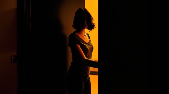 Woman standing in a dark doorway with warm orange light creating a dramatic silhouette.