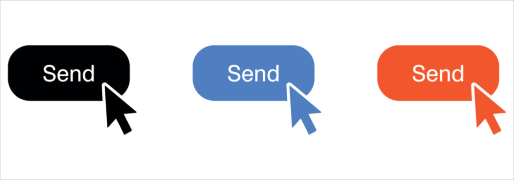 Modern 3D send buttons in black, blue, and red with directional arrows, ideal for web design, email marketing, and digital communication campaigns.