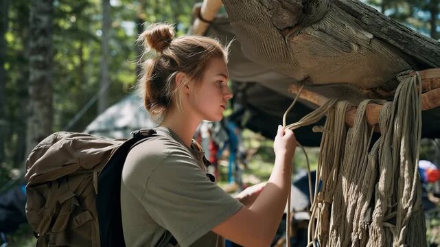 Young woman with backpack organizing ropes at a wilderness campsite