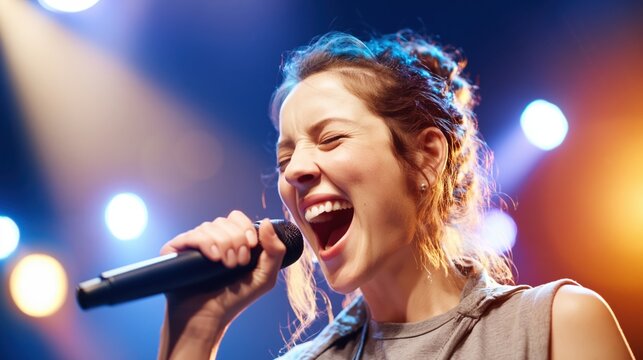 Passionate female singer performing on stage with microphone under colorful spotlights.