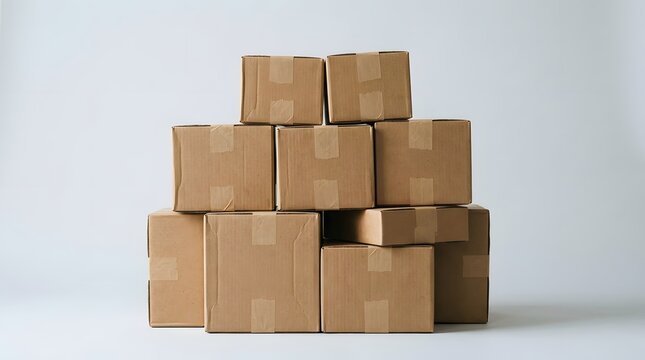 Numerous sturdy brown cardboard boxes, neatly stacked in a pyramid shape, are ready for shipping, moving, storage, or delivery services.
