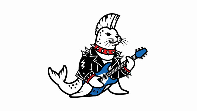 Punk rock seal cartoon character playing guitar.
