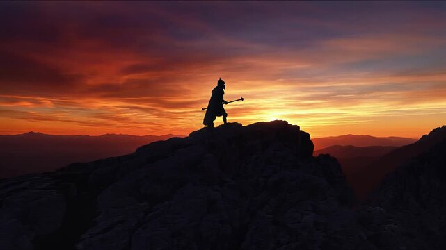 A lone warrior silhouetted against a dramatic sunset sky atop a rugged mountain peak symbolizes power and determination.