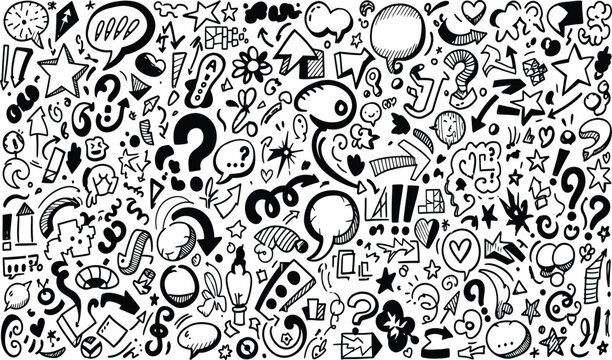 Hand-drawn Doodle Elements: Speech Bubbles, Symbols, and Questions