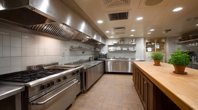 A bright modern professional kitchen featuring stainless steel appliances wooden countertops and a spacious workspace ideal for culinary prepa n