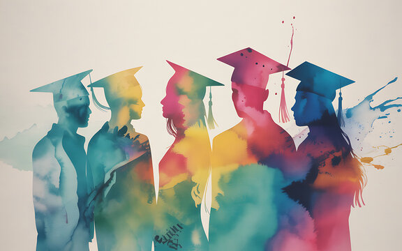 Colorful silhouette of diverse graduates wearing caps in watercolor style representing education success and celebration