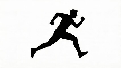 Fototapeta premium Dynamic running man silhouette in sprint pose, capturing speed and motion. Clean black figure isolated on white background, suitable for sports, fitness, competition, and active lifestyle themes.