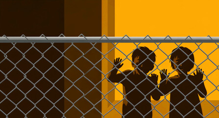Silhouette of two children behind a metal chain-link fence. Kids leaning on a barrier against a bright orange background. Immigration and confinement concept for social awareness.