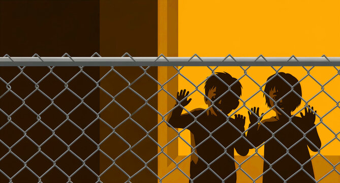 Silhouette of two children behind a metal chain-link fence. Kids leaning on a barrier against a bright orange background. Immigration and confinement concept for social awareness.