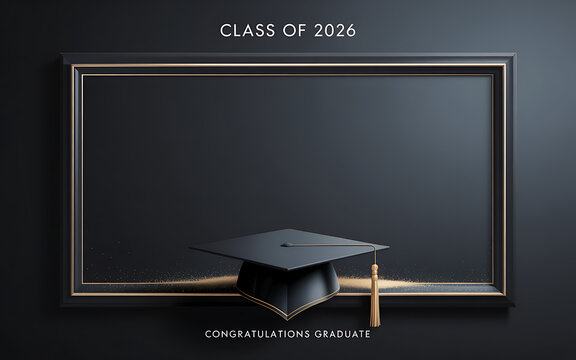 Luxury graduation announcement design with class of 2026 text cap and elegant gold frame on dark background