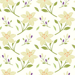 Obraz premium Lily seamless pattern with flowers, leaves and buds. Minimalist flat floral background in beige with texture