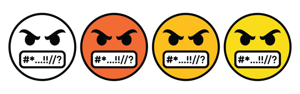 Four emoji faces showing frustration and anger emotions in flat design, vector illustration set representing negative user feedback, stress, dissatisfaction, and emotional response indicators