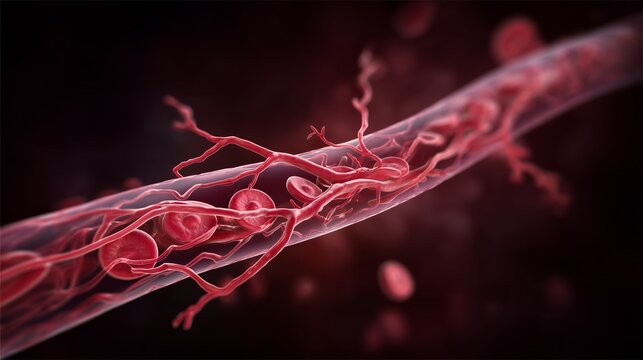 Visual representation of peripheral artery disease showing blood flow in arteries with blockage and reduced circulation in the body
