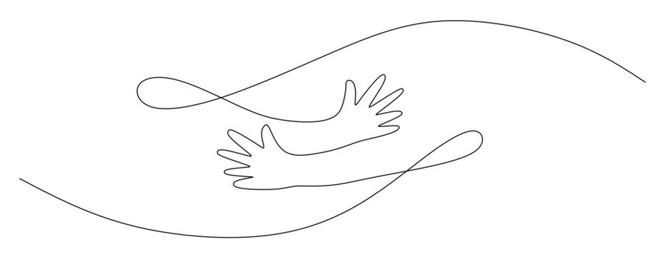 a continuous line drawing of two hands embracing or hugging each other. a vector image of a single black curved line on a white background, a symbol of affection