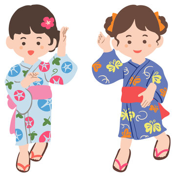 浴衣を着て踊る女の子のイラスト