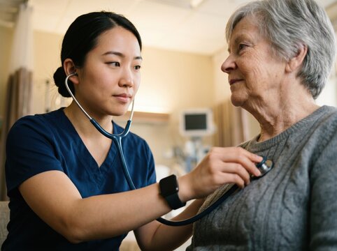 Nurse in scrub top uses stethoscope to listen to elderly woman&rsquo;s chest during exam in a hospital room; close-up of caregiver and senior patient interaction