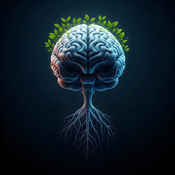 Human brain with growing tree roots and leaves representing personal growth and cognitive development in conceptual 3D medical illustration