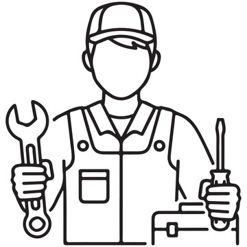 Professional mechanic holding wrench and screwdriver vector line art illustration for maintenance and repair services