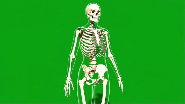 3D anatomical animation human skeleton standing against chroma key green screen background for educational or medical video.