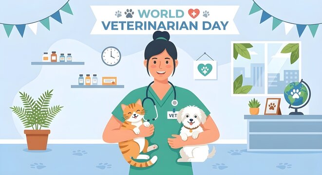 World Veterinary Day Illustration with Female Veterinarian Hugging Cute Cat and Dog, Professional Pet Care and Animal Health Concept