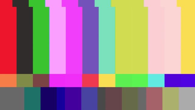 Vibrant color bar test pattern on a vintage television screen representing broadcast signal and media concepts