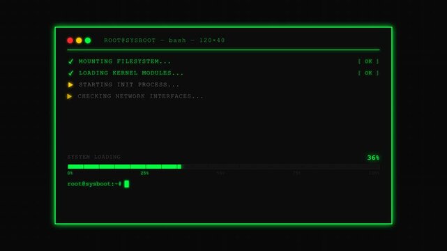 Futuristic Computer Terminal Screen with Green System Loading Progress Bar and Command Line Text