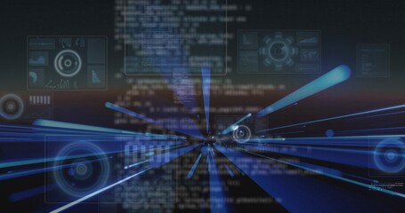 Radiating central data tunnel in virtual dashboard pulling blue streaks, code blocks, HUD rings © vectorfusionart