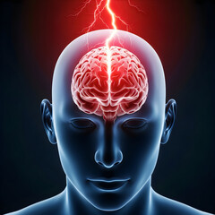 Obraz premium Human head with exposed brain struck by electrical lightning bolt symbolizing migraine headache and neurological stress in medical 3D rendering
